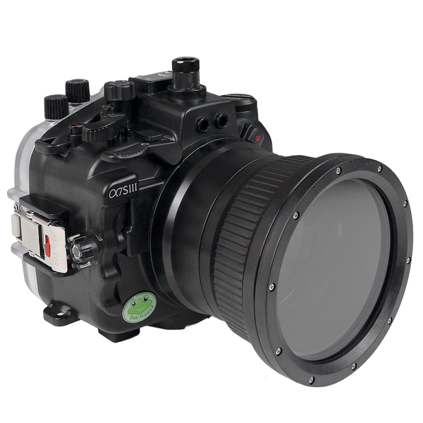 Custodia per fotocamera subacquea Sony A7S III 40M / 130FT (inclusa porta piatta lunga) Ingranaggio di messa a fuoco per FE 90mm / Sigma 35mm incluso. Nero