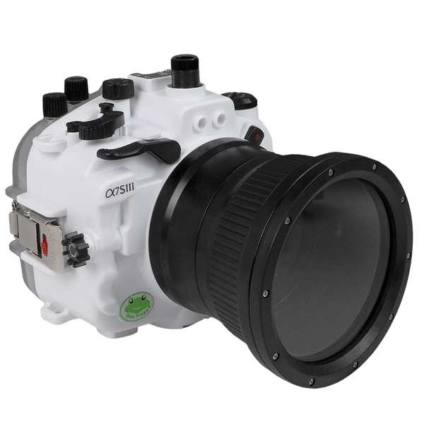 Boîtier de caméra sous-marine Sony A7S III 40M/130FT (avec port plat long) Engrenage de mise au point pour FE 90mm / Sigma 35mm inclus. Blanc