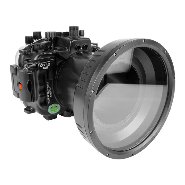 Custodia per telecamera subacquea Sony A7 III / A7R III serie V.3 40M/130FT con porta piatta lunga da 6" per Sony FE 24-105mm F4 (senza porta standard). Nero