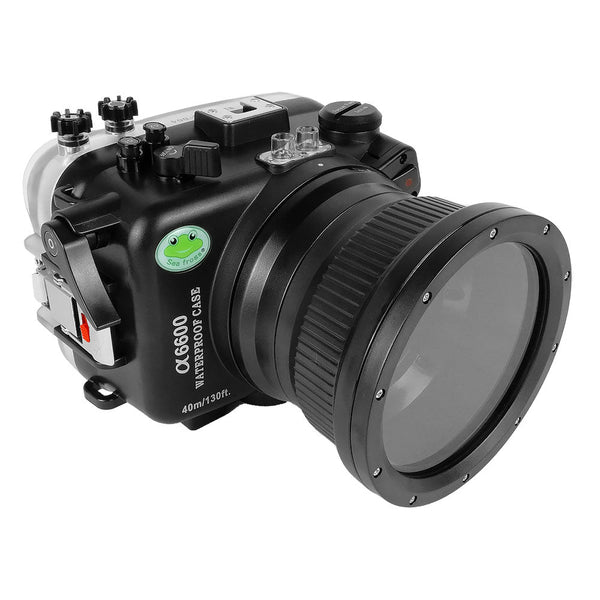 Custodia per fotocamera subacquea Sony A6600 40M/130FT con porta piatta in vetro da 4" per Sigma 18-50mm F2.8 DC DN (attrezzatura zoom inclusa)