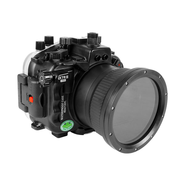 Boîtier de caméra sous-marine Sony A7 III / A7R III V.3 Series 40M / 130FT avec port plat fileté de 67 mm pour objectif macro FE 90 mm (équipement de mise au point inclus) et ensemble de ports standard. Noir