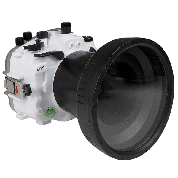 Custodia per telecamera subacquea Sony A7S III 40M/130FT con porta piatta lunga da 6" per SONY FE 24-70mm F2.8 GM (senza porta standard). Bianco