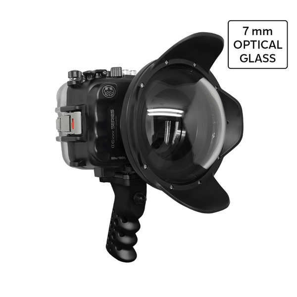 Carcasa Salted Line UW para la serie Sony A6xxx con empuñadura de pistola de aluminio y puerto de domo seco de vidrio óptico de 6" (negro) / GEN 3