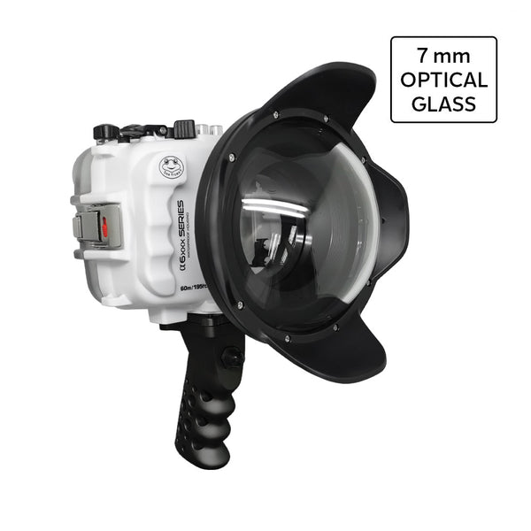 Invólucro Salted Line UW para a série Sony A6xxx com punho de pistola de alumínio e porta de cúpula seca de vidro óptico de 6" (branco) / GEN 3