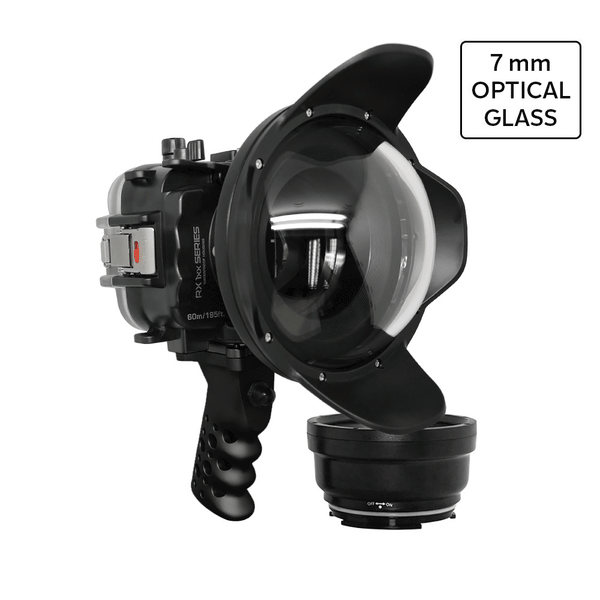 Invólucro UW à prova d'água Salted Line para a série Sony RX1xx com cabo de pistola de alumínio e porta de cúpula seca de vidro óptico de 6" - preto