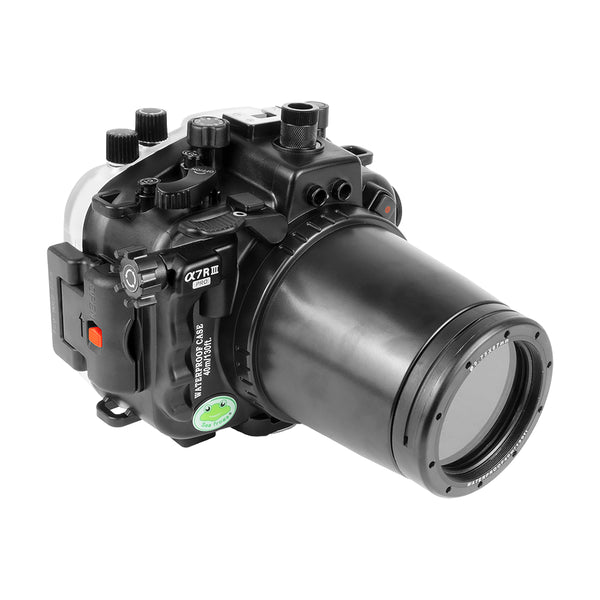 Custodia per telecamera subacquea Sony A7 III / A7R III serie V.3 40M/130FT con porta piatta filettata da 67 mm per obiettivo macro FE da 90 mm (ingranaggio di messa a fuoco incluso) senza porta standard. Nero