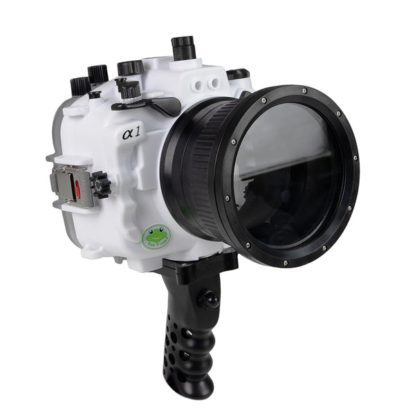 Carcasa de cámara impermeable Sony A1 Salted Line serie 40M/130FT con disparador de empuñadura de pistola de aluminio (puerto estándar). Blanco