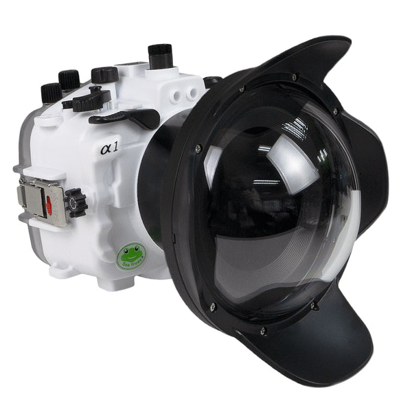 Boîtier de caméra UW série Salted Line Sony A1 FE PZ 16-35 f4G avec port dôme 6" V.7 et bague de zoom (port standard inclus). Blanc