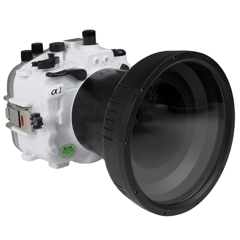Custodia per fotocamera subacquea Sony A1 Salted Line serie 40M/130FT con porta lunga piatta in vetro ottico da 6" per Sony FE24-70 F2.8 GM (zoom gear). Bianco