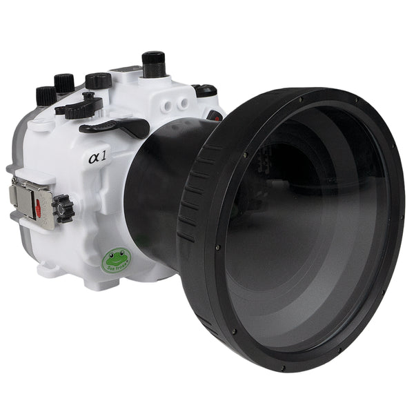 Custodia per fotocamera subacquea Sony A1 Salted Line serie 40M/130FT con porta lunga piatta in vetro ottico da 6" per Sony FE24-105 F4 (attrezzatura zoom). Bianco