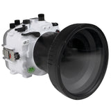Custodia per fotocamera subacquea Sony A1 Salted Line serie 40M/130FT con porta lunga piatta in vetro ottico da 6" per Sony FE24-70 F2.8 GM II (zoom gear). Bianco