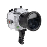 Custodia per fotocamera impermeabile Sony A1 Salted Line serie 40M/130FT con grilletto in alluminio con impugnatura a pistola (porta piatta lunga 4'). Bianco