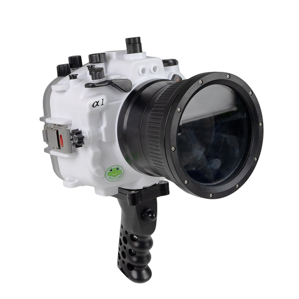 Sony A1 Salted Line series 40M/130FT Waterproof camera housing with Aluminium Pistol Grip trigger (4' Flat Long port). White