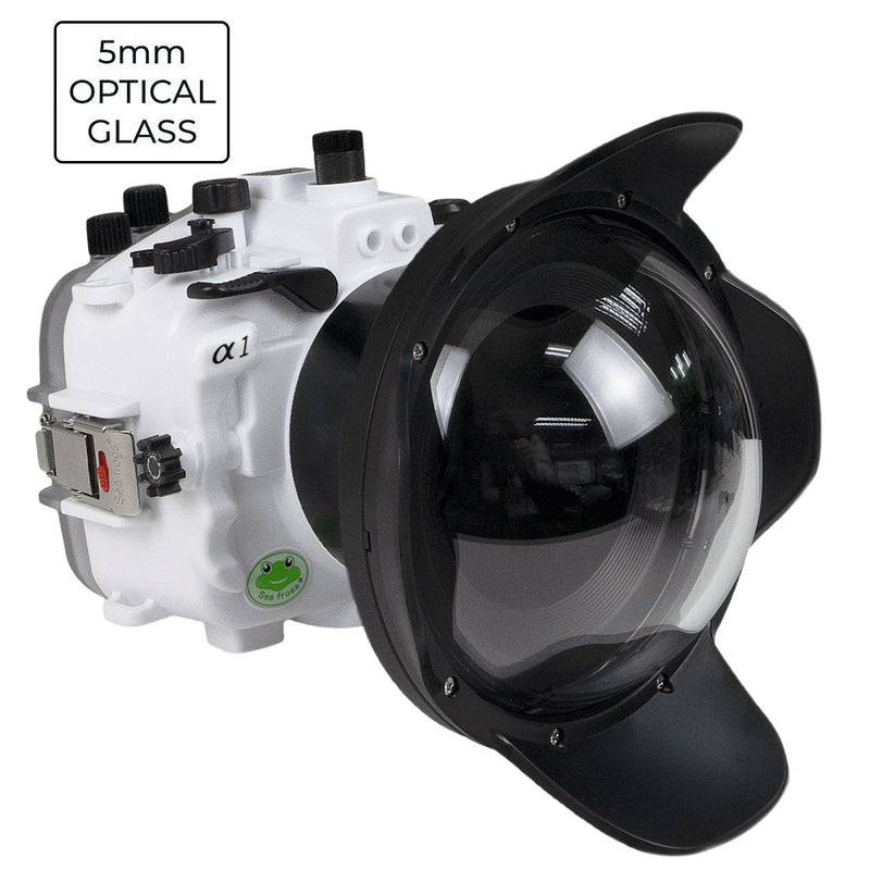 Caixa de câmera UW da série Salted Line Sony A1 FE12-24mm f4g / FE16-35 f4 com porta de cúpula de vidro óptico de 6" V.10 (com anéis de zoom). Branco