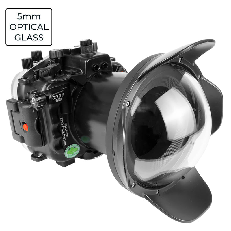 Sony A7 III / A7R III Série V.3 FE16-35mm F2.8 GM (engrenagem de zoom incluída) Kit de caixa de câmera UW com porta V.2 de cúpula de vidro óptico de 6" (sem porta padrão). Preto