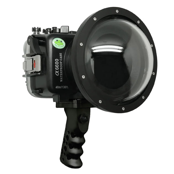 Alloggiamento Sony A6600 SeaFrogs 40M/130FT UW con porta Dry Dome Port V.1 Surf da 6" per obiettivo E10-18mm (ingranaggio zoom incluso) con grilletto con impugnatura a pistola in alluminio.