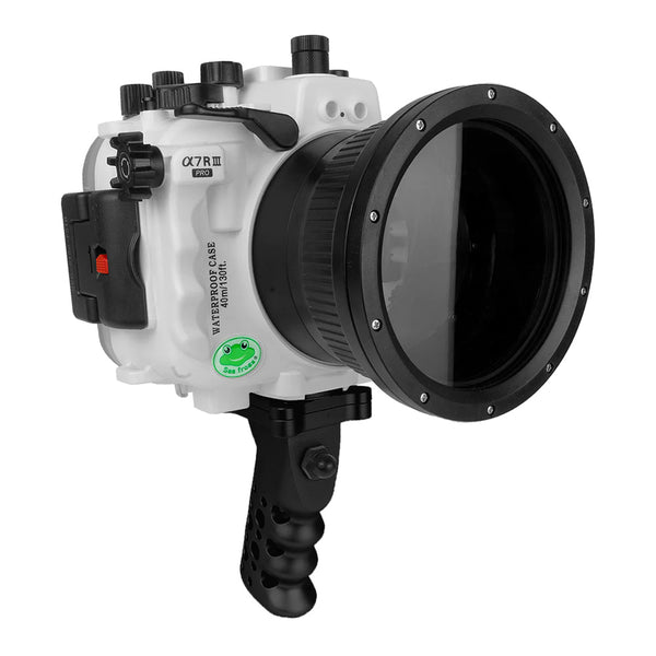 Alloggiamento per telecamera Sony A7 III / A7R III PRO serie V.3 UW con porta Dome V.10 da 6" e impugnatura a pistola in alluminio (inclusa porta standard) Anelli zoom per FE12-24 F4 e FE16-35 F4 inclusi. Bianco - Surf