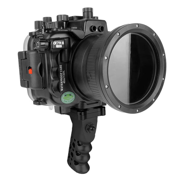 Sony A7 III / A7R III V.3 Series 40M/130FT Custodia per telecamera subacquea con impugnatura a pistola in alluminio (porta standard) Anello zoom per FE16-35 F4 incluso (nero)