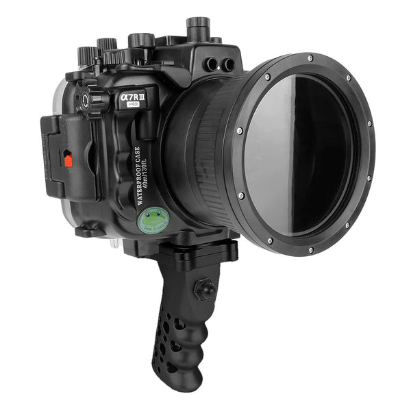 Sony A7 III / A7R III Série V.3 Caixa de câmera UW com porta Dome de 6" V.10 e cabo de pistola de alumínio (incluindo porta padrão) Anéis de zoom para FE12-24 F4 e FE16-35 F4 incluídos. Preto - Surf