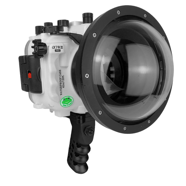 Alloggiamento per telecamera Sony A7 III / A7R III PRO serie V.3 UW con porta Dome V.10 da 6" e impugnatura a pistola in alluminio (inclusa porta standard) Anelli zoom per FE12-24 F4 e FE16-35 F4 inclusi. Bianco - Surf