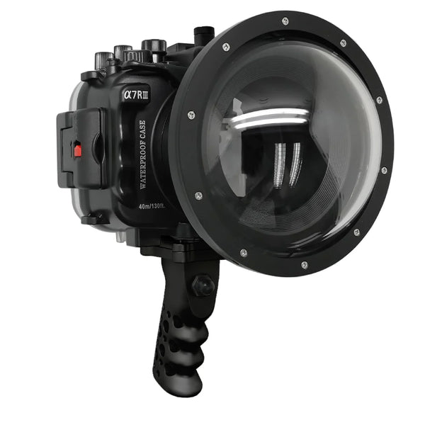 Alloggiamento per telecamera Sony A7 III / A7R III serie V.3 UW con porta Dome V.10 da 6" e impugnatura a pistola in alluminio (inclusa porta standard) Anelli zoom per FE12-24 F4 e FE16-35 F4 inclusi. Nero - Surf