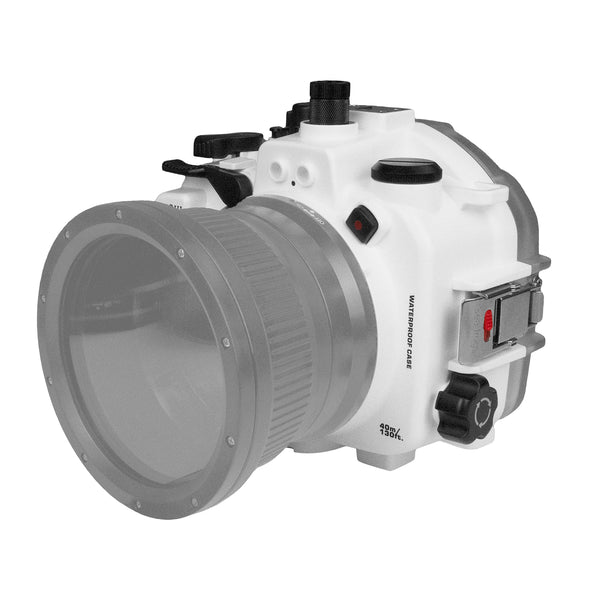 Boîtier de caméra sous-marine Sony A7S III 40M/130FT avec port plat long de 6" pour SONY FE 24-70mm F2.8 GM (sans port standard). Blanc