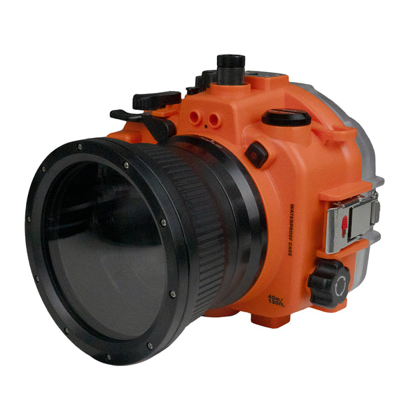 Boîtier de caméra étanche Sony A7S III Salted Line série 40M/130FT avec port standard. Orange