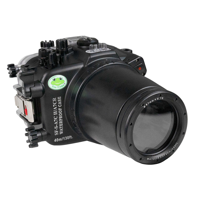 Sea Frogs Sony A7C II/A7CR 40M/130FT Underwater camera housing with 67mm threaded Flat Long port. Focus gear for Sony FE90mm included