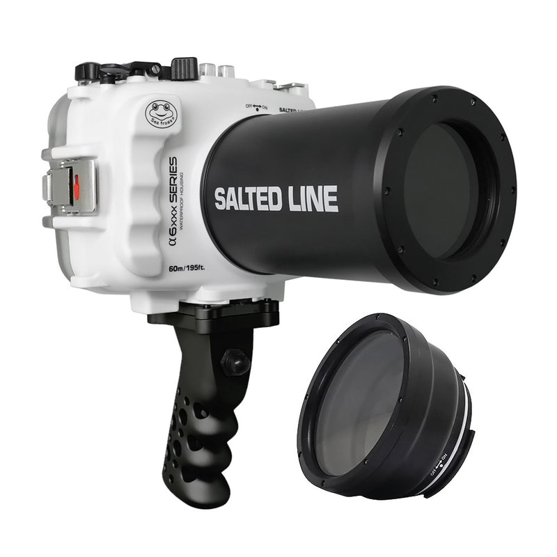 Salted Line 60M/195FT Waterproof housing for Sony A6xxx series with Aluminium Pistol Grip & 55-210mm lens port (White) / GEN 3