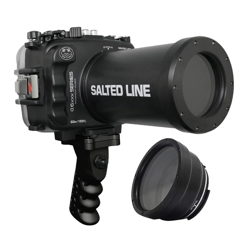 Salted Line 60M/195FT Carcasa impermeable para la serie Sony A6xxx con empuñadura de pistola de aluminio y puerto de lente de 55-210 mm (negro) / GEN 3 - negro