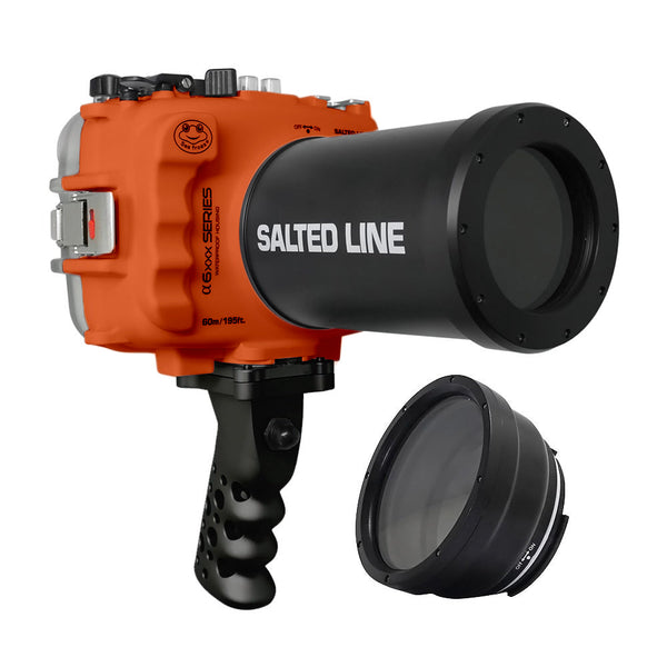 Caixa à prova d'água Salted Line 60M/195FT para Sony série A6xxx com cabo de pistola de alumínio e porta de lente de 55-210 mm (branco) / GEN 3