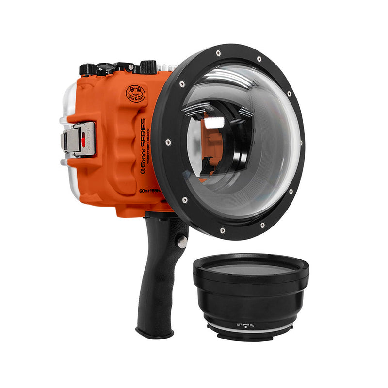 Salted Line UW housing for Sony A6xxx series with pistol grip & 6" Dry dome port - Surfing photography edition (Orange) / GEN 3