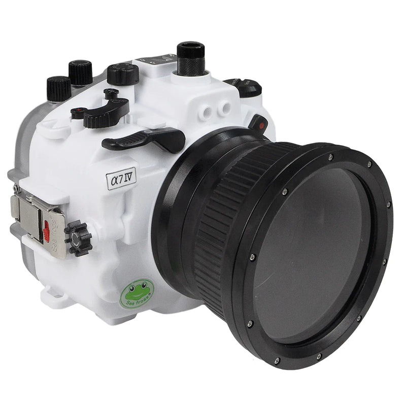 Boîtier de caméra sous-marine Sony A7 IV 40M/130FT avec port standard. Blanc