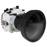 Custodia per fotocamera subacquea Sony A7 IV serie Salted Line 40M/130FT con porta lunga piatta in vetro ottico da 6" per Sony FE24-70 F2.8 GM II (zoom gear). Bianco