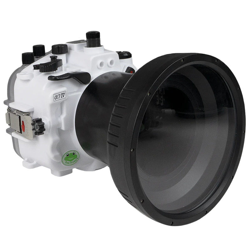 Custodia per fotocamera subacquea Sony A7 IV serie Salted Line 40M/130FT con porta lunga piatta in vetro ottico da 6" per Sony FE24-70 F2.8 GM II (zoom gear). Bianco