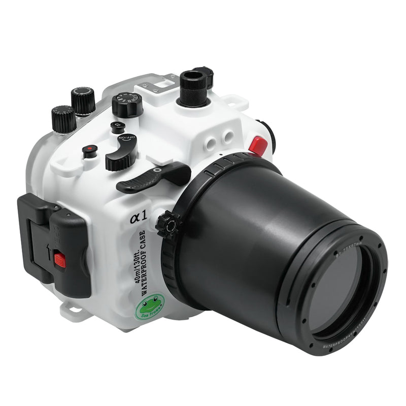Sony A1 40M/130FT Underwater camera housing with 67mm threaded flat port for FE 90mm macro lens (focus gear included) and standard port bundle
