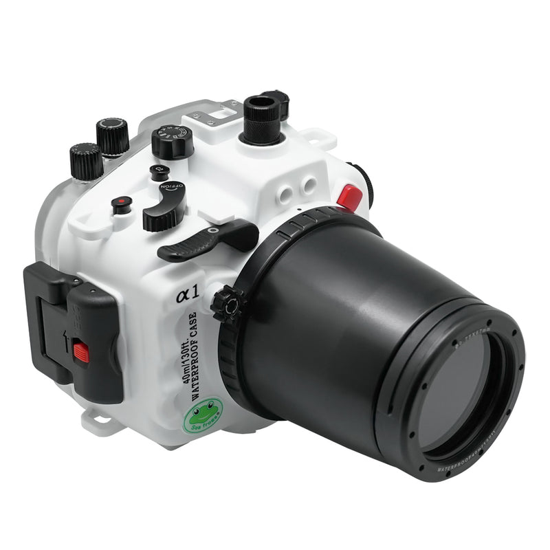 Caixa de câmera subaquática Sony A1 40M/130FT com porta plana rosqueada de 67mm para lente macro FE 90mm (engrenagem de foco incluída) e pacote de porta padrão