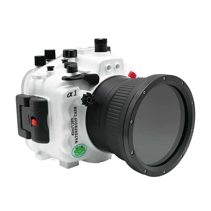 Sony A1 40M/130FT Underwater camera housing with 67mm threaded flat port for FE 90mm macro lens (focus gear included) and standard port bundle