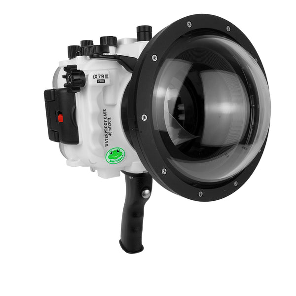 Alloggiamento per telecamera Sony A7 III / A7R III PRO serie V.3 UW con porta Dome V.10 da 6" e impugnatura a pistola (inclusa porta standard) Anelli zoom per FE12-24 F4 e FE16-35 F4 inclusi. Bianco - Surf