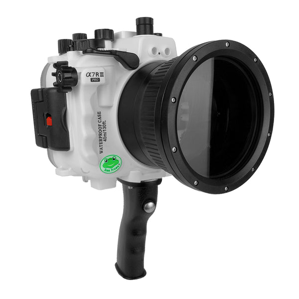 Alloggiamento per telecamera Sony A7 III / A7R III PRO serie V.3 UW con porta Dome V.10 da 6" e impugnatura a pistola (inclusa porta standard) Anelli zoom per FE12-24 F4 e FE16-35 F4 inclusi. Bianco - Surf