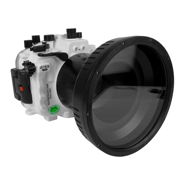 Sony A7 III / A7R III PRO V.3 Serie 40M/130FT Unterwasserkameragehäuse mit 6" flachem langen Anschluss für Sony FE 24-105mm F4 (Standardanschluss im Lieferumfang enthalten). Weiß