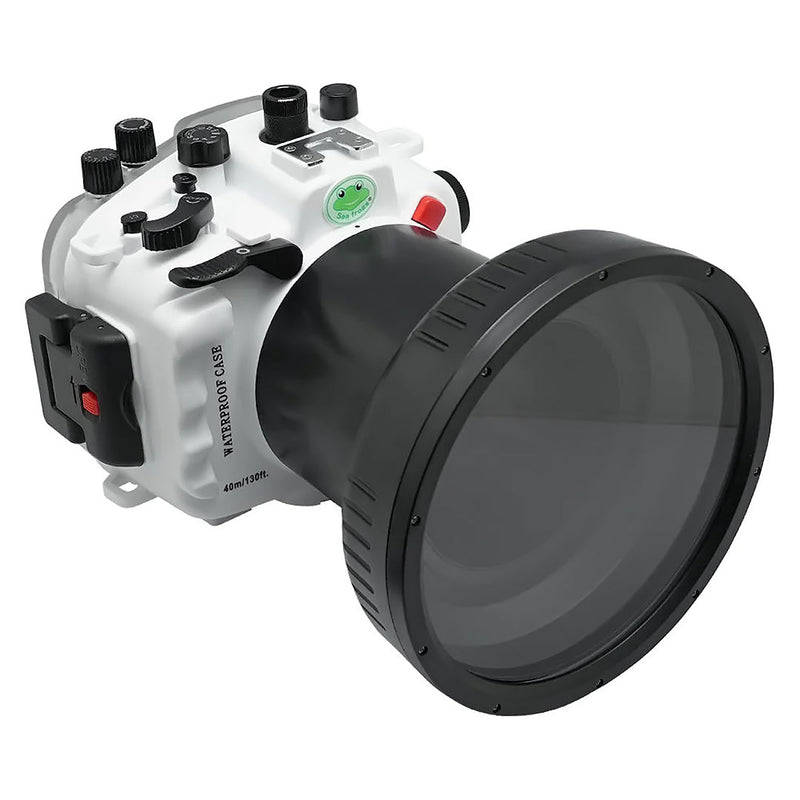 Sony A9 II Unterwasserkameragehäuse mit 6" flachem langen Port aus optischem Glas für SONY FE24-70 F2.8 GM (ohne Standardport). Weiß