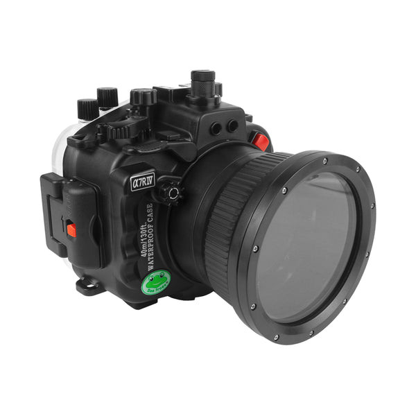 Carcasa para cámara submarina Sony A7R IV PRO 40M/130FT con puerto largo plano de vidrio óptico de 6" para Sony FE24-105 F4 (y puerto estándar). Negro