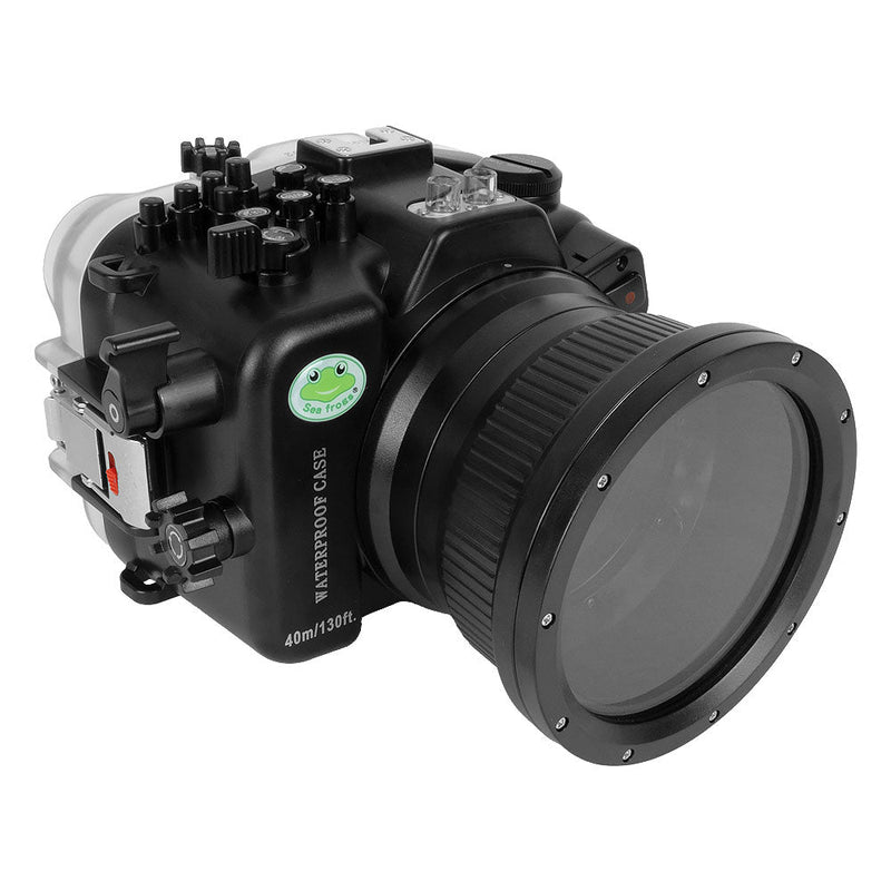 Sony FX30 40M/130FT Underwater camera housing with 4" Glass Flat long port for Sony E PZ 18-105mm F4 G OSS lens.