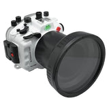 Caixa de câmera subaquática Sony A9 II com porta longa plana de vidro óptico de 6" para Sony FE24-105 F4 (e porta padrão). Branco