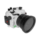 Custodia per telecamera subacquea Sony A7 III / A7R III PRO serie V.3 40M/130FT con porta piatta lunga da 6" per Sony FE 24-105mm F4 (porta standard inclusa). Bianco