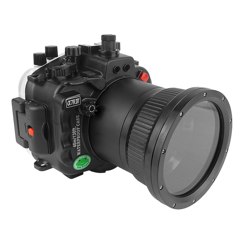 Caixa de câmera subaquática Sony A7R IV PRO 40M/130FT (e porta plana longa) Equipamento de foco para Sony FE90mm / Sigma 35mm incluído. Preto