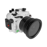 Boîtier de caméra sous-marine Sony A7 III / A7R III PRO V.3 série 40M/130FT avec port plat long de 6" pour SONY FE 24-70mm F2.8 GM II (port standard inclus). Blanc