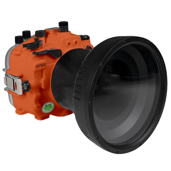Sony A7S III Salted Line Serie 40M/130FT Unterwasserkameragehäuse mit 6" flachem, langem Anschluss aus optischem Glas für Sony FE24-105 F4 (Zoomgetriebe). Orange