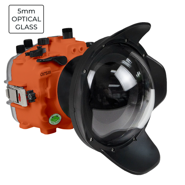 Boîtier de caméra UW série Salted Line Sony A7S III FE12-24mm f4g / FE16-35 f4 avec port de dôme en verre optique 6" V.10 (avec anneaux de zoom). Orange
